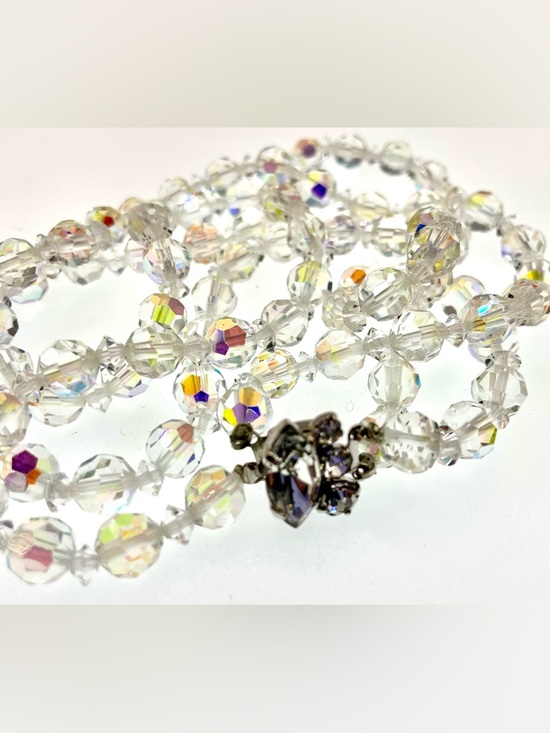 Vintage AB Crystal Double Strand Necklace Rhinestone Clasp Wedding Bridal - Picture 8 of 9